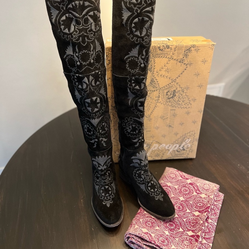 Free People Black Embroidered Suede Knee-High Heeled Boots - Picture 3 of 7